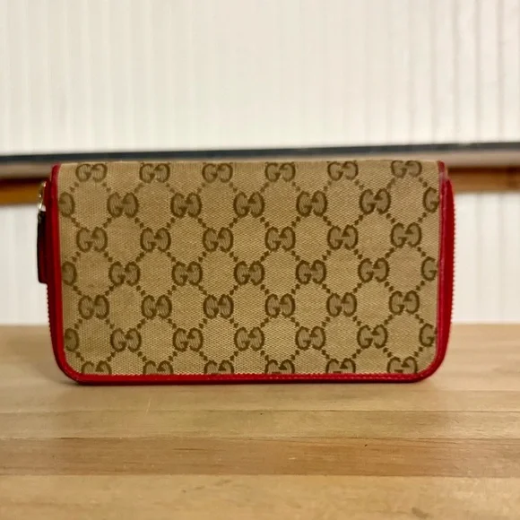 Gucci GG Canvas & Leather Monogram Long Zip Around Wallet Red Trim - Picture 11 of 15